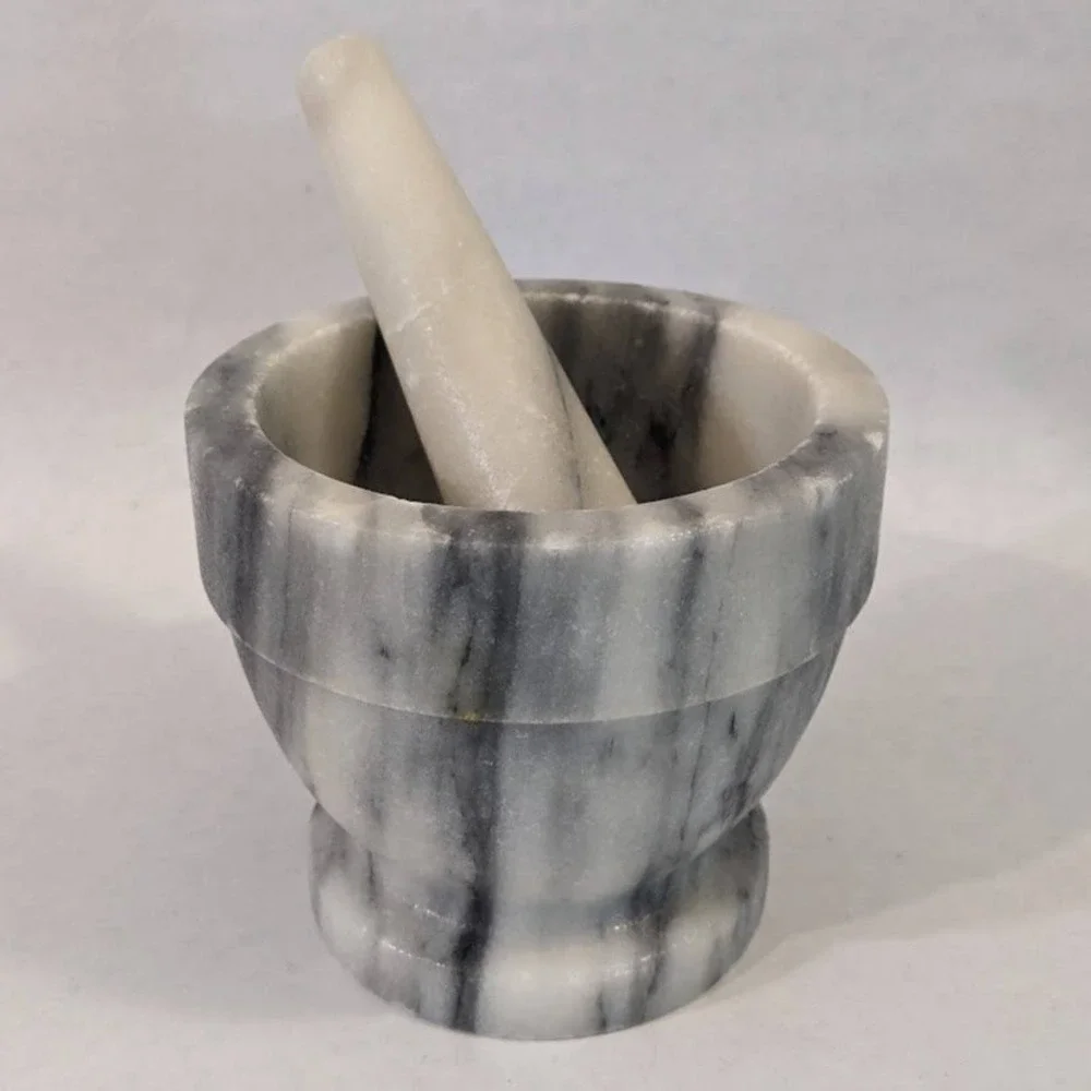 Grey White Veined Marble Mortar & Pestle Set Pedestal Base Kitchen Spice Grinder